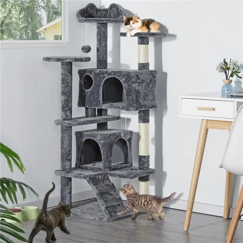 Costoffs Cat Tree 54in/70in Cat Tower Condo with 2 Condos & 2 Dangling Balls & 3 Scratching Posts